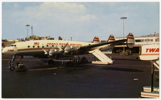 Image: postcard: TWA (Trans World Airlines), Lockheed Constellation, Los Angeles Airport