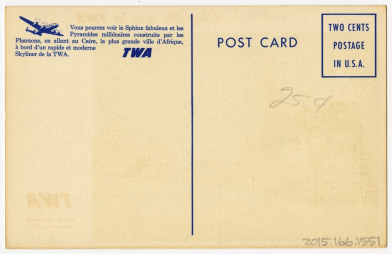 Image: postcard: TWA (Trans World Airlines), Cairo, Lockheed Constellation