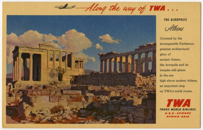 Image: postcard: TWA (Trans World Airlines), Athens, Lockheed Constellation
