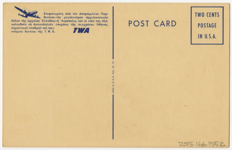 Image: postcard: TWA (Trans World Airlines), Athens, Lockheed Constellation