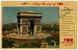 Image: postcard: TWA (Trans World Airlines), Paris, Lockheed Constellation