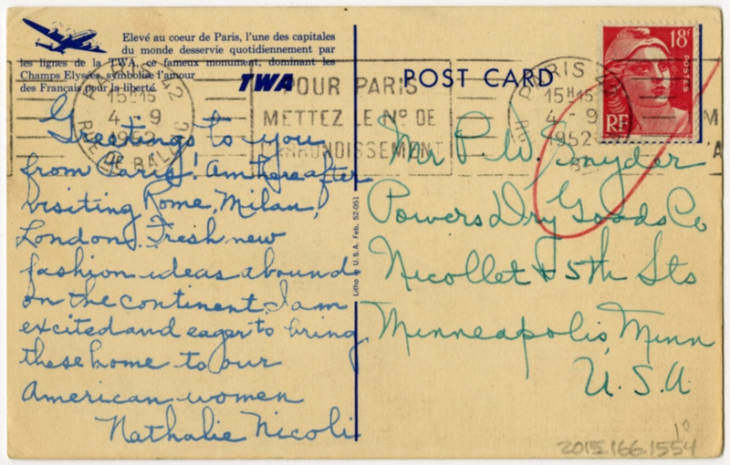 Image: postcard: TWA (Trans World Airlines), Paris, Lockheed Constellation