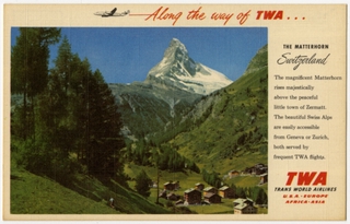 Image: postcard: TWA (Trans World Airlines), Lockheed Constellation, Switzerland
