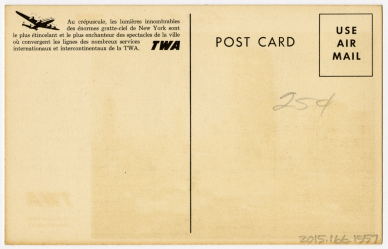 Image: postcard: TWA (Trans World Airlines), New York City, Lockheed Constellation