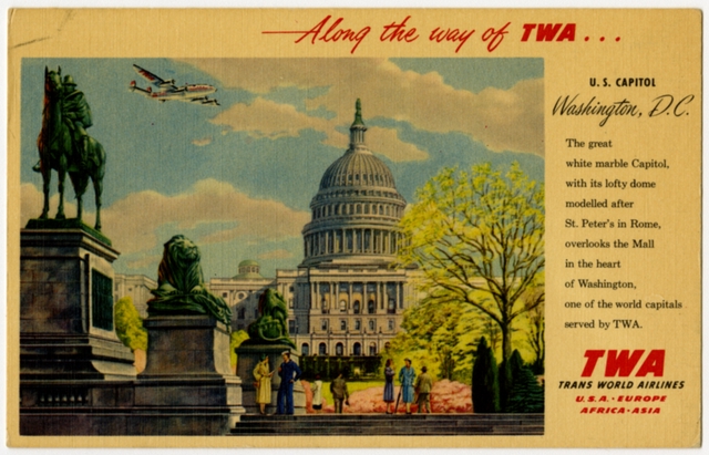 Postcard: TWA (Trans World Airlines), Washington DC, Lockheed Constellation