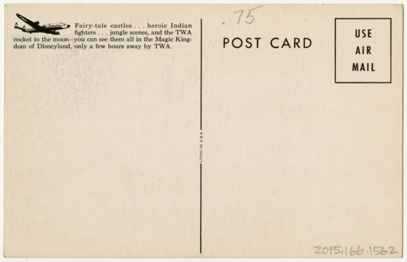 Image: postcard: TWA (Trans World Airlines), Disneyland, TWA Rocket to the Moon, Lockheed Constellation