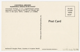 Image: postcard: Universal Airlines, McDonnell Douglas DC-8-61CF, San Francisco International Airport