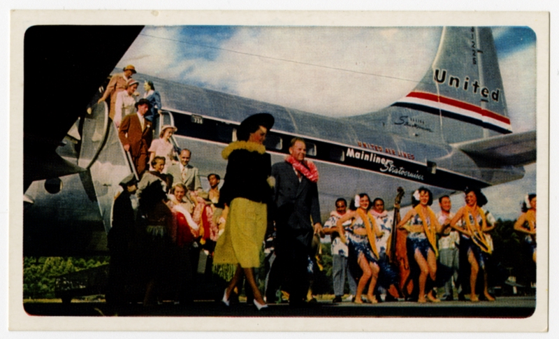 Image: postcard: United Air Lines, Boeing 377 Stratocruiser, Honolulu airport
