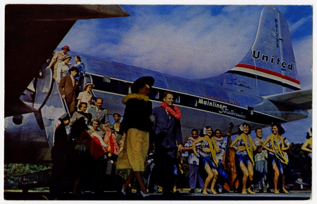 Postcard: United Air Lines, Boeing 377 Stratocruiser, Honolulu airport