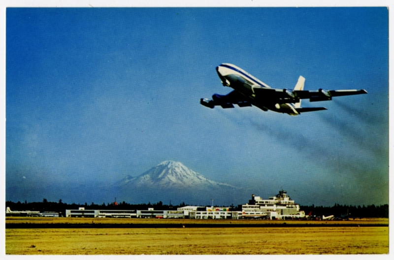 Image: postcard: United Air Lines, Boeing 720, Seattle-Tacoma International Airport, Mount Rainier