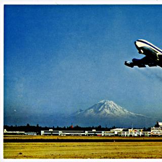 Image #1: postcard: United Air Lines, Boeing 720, Seattle-Tacoma International Airport, Mount Rainier