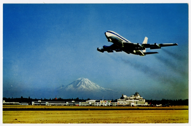 Postcard: United Air Lines, Boeing 720, Seattle-Tacoma International Airport, Mount Rainier