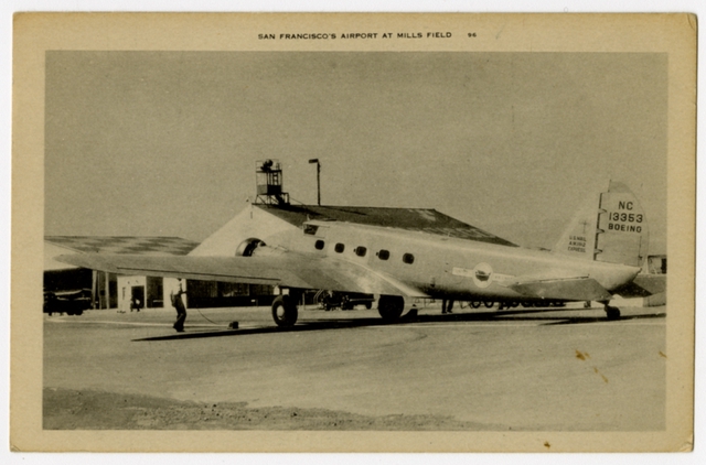 Postcard: United Air Lines, Boeing 247, San Francisco Mills Field