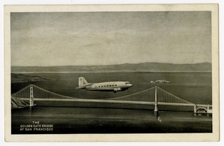 Image: postcard: United Air Lines, Douglas DC-3, San Francisco, Golden Gate Bridge