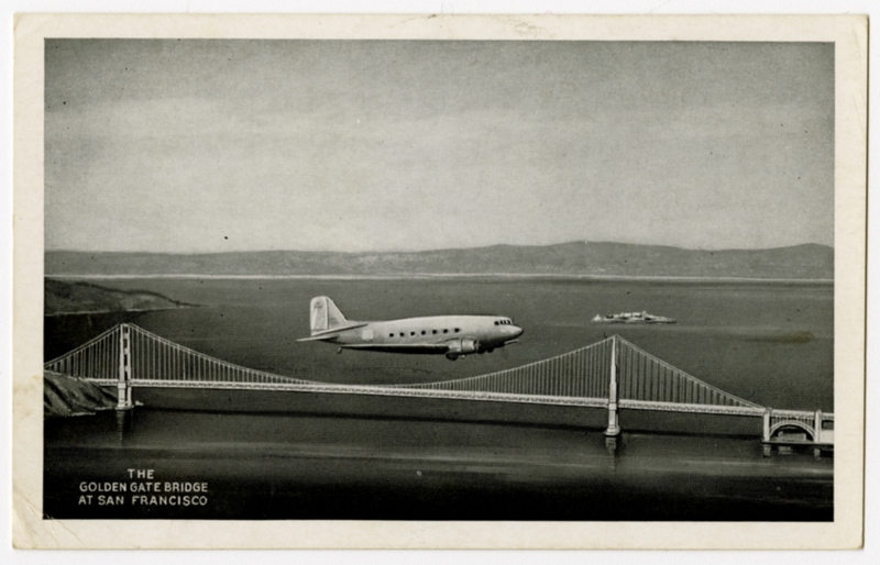 Image: postcard: United Air Lines, Douglas DC-3, San Francisco, Golden Gate Bridge