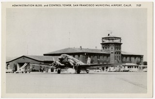 Image: postcard: United Air Lines, Douglas DC-3, San Francisco Airport