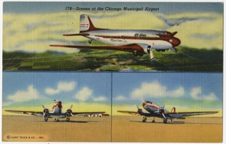 Image: postcard: United Air Lines, Douglas DC-3, Chicago Municipal Airport