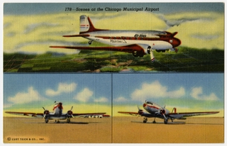 Image: postcard: United Air Lines, Douglas DC-3, Chicago Municipal Airport