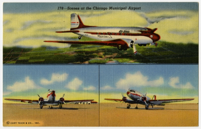 Postcard: United Air Lines, Douglas DC-3, Chicago Municipal Airport