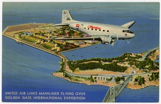 Image: postcard: United Air Lines, Douglas DC-3, San Francisco Bay, Golden Gate International Exposition