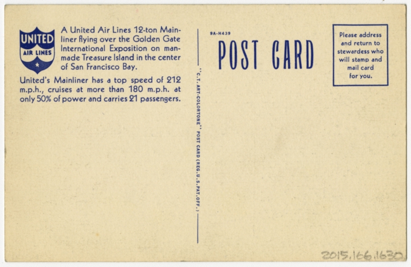 Image: postcard: United Air Lines, Douglas DC-3, San Francisco Bay, Golden Gate International Exposition