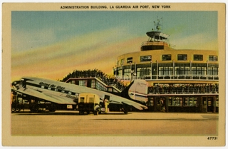 Image: postcard: United Air Lines, Douglas DC-3, LaGuardia Airport