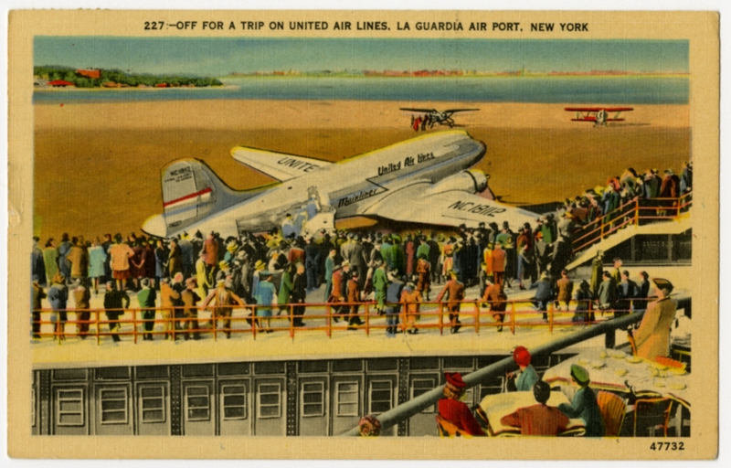 Image: postcard: United Air Lines, Douglas DC-3, LaGuardia Airport