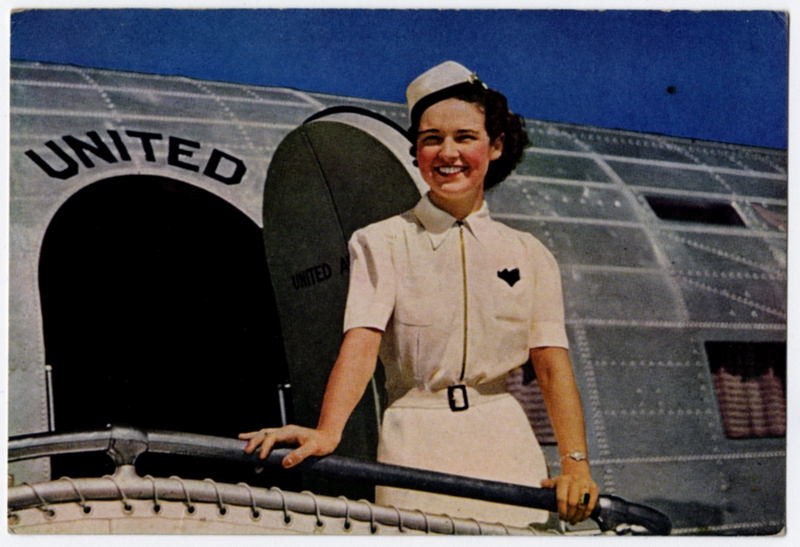 Image: postcard: United Air Lines, Douglas DC-3, flight attendant