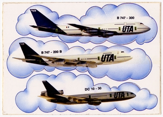 Image: postcard: UTA French Airlines, Boeing 747, McDonnell Douglas DC-10, stickers