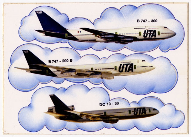 Postcard: UTA French Airlines, Boeing 747, McDonnell Douglas DC-10, stickers