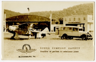 Image: postcard: Columbia Airways, Waco, Bloomsburg Airport, ambulance plane