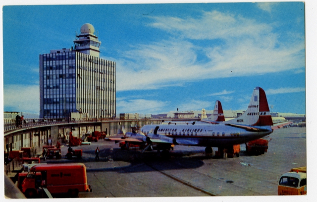 Postcard: Boston Logan International Airport, Lockheed Electra, American Airlines