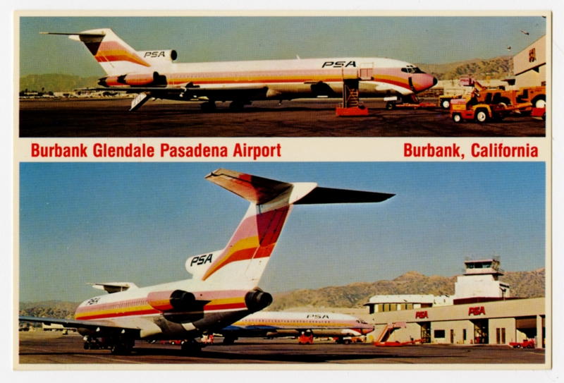 Image: postcard: Pacific Southwest Airlines (PSA), Boeing 727, Burbank Glendale Pasadena Airport