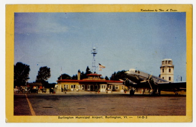 Postcard: Colonial Airlines, Douglas DC-3, Burlington Municipal Airport