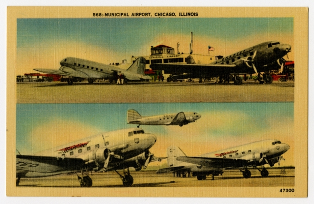 Postcard: Braniff, United, Douglas DC-3, Chicago Municipal Airport