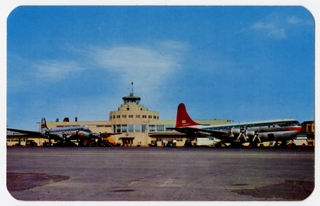 Image: postcard: Chicago Midway Airport, Northwest Airlines, Boeing 377 Stratocruiser, Douglas DC-7