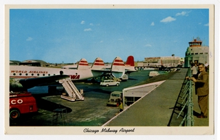 Image: postcard: TWA (Trans World Airlines), Lockheed Constellation, Chicago Midway Airport, observation deck