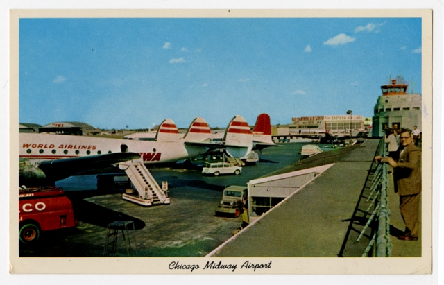 Postcard: TWA (Trans World Airlines), Lockheed Constellation, Chicago Midway Airport, observation deck