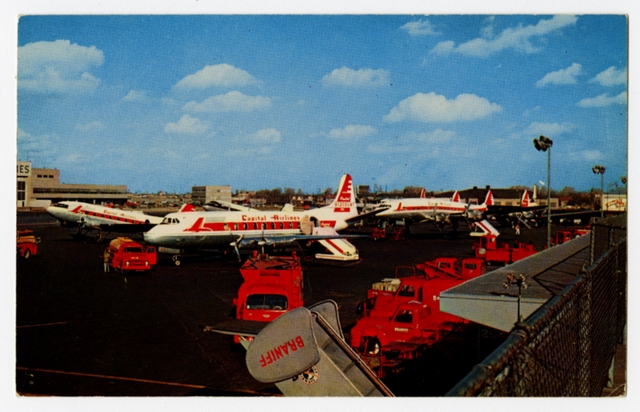 Postcard: Chicago Midway Airport, Vickers Viscount, Douglas DC-3, Lockheed Constellation, Capital Airlines