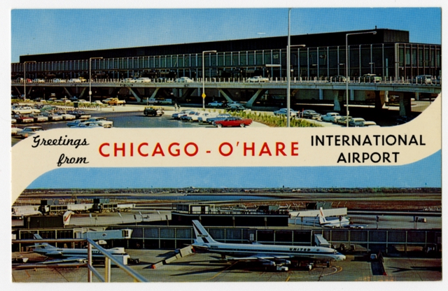 Postcard: Chicago O’Hare International Airport, Douglas DC-8, Sud Aviation Caravelle, United Air Lines