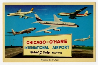 Image: postcard: Delta Air Lines, Continental Airlines, TWA, American Airlines, United, Chicago - O’Hare International Airport, Convair 880, Boeing 707, Douglas DC-8