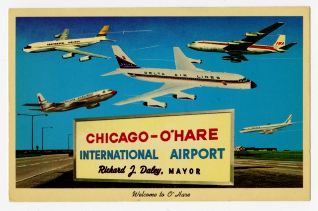 Postcard: Delta Air Lines, Continental Airlines, TWA, American Airlines, United, Chicago - O’Hare International Airport, Convair 880, Boeing 707, Douglas DC-8