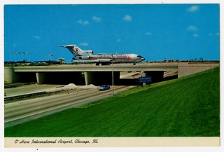 Image: postcard: American Airlines, Boeing 727, Chicago O’Hare Airport, plane overpass
