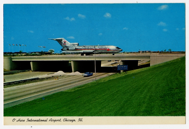 Postcard: American Airlines, Boeing 727, Chicago O’Hare Airport, plane overpass