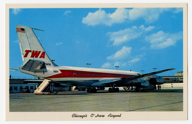 Image: postcard: Chicago O’Hare International Airport, TWA (Trans World Airlines), Boeing 707-131