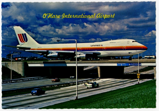 Postcard: Chicago O’Hare International Airport, United Airlines, Boeing 747, plane overpass