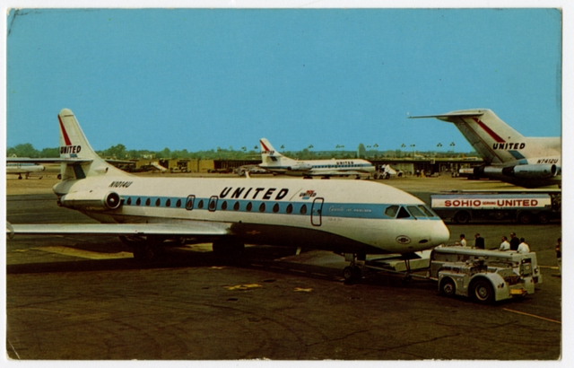 Postcard: Cleveland Hopkins International Airport, United Air Lines, Sud Aviation Caravalle, Boeing 727