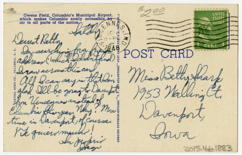 Image: postcard: Delta Air Lines, Douglas DC-3, Columbia Owens Field