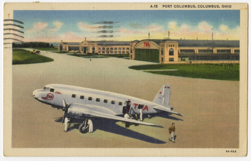 Image: postcard: TWA (Trans World Airlines), Douglas DC-3, Columbus Airport