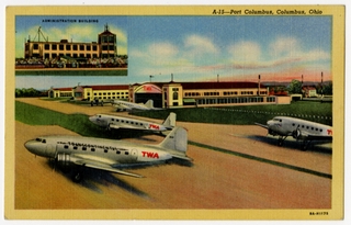 Image: postcard: TWA (Trans World Airlines), Douglas DC-3, Columbus Airport
